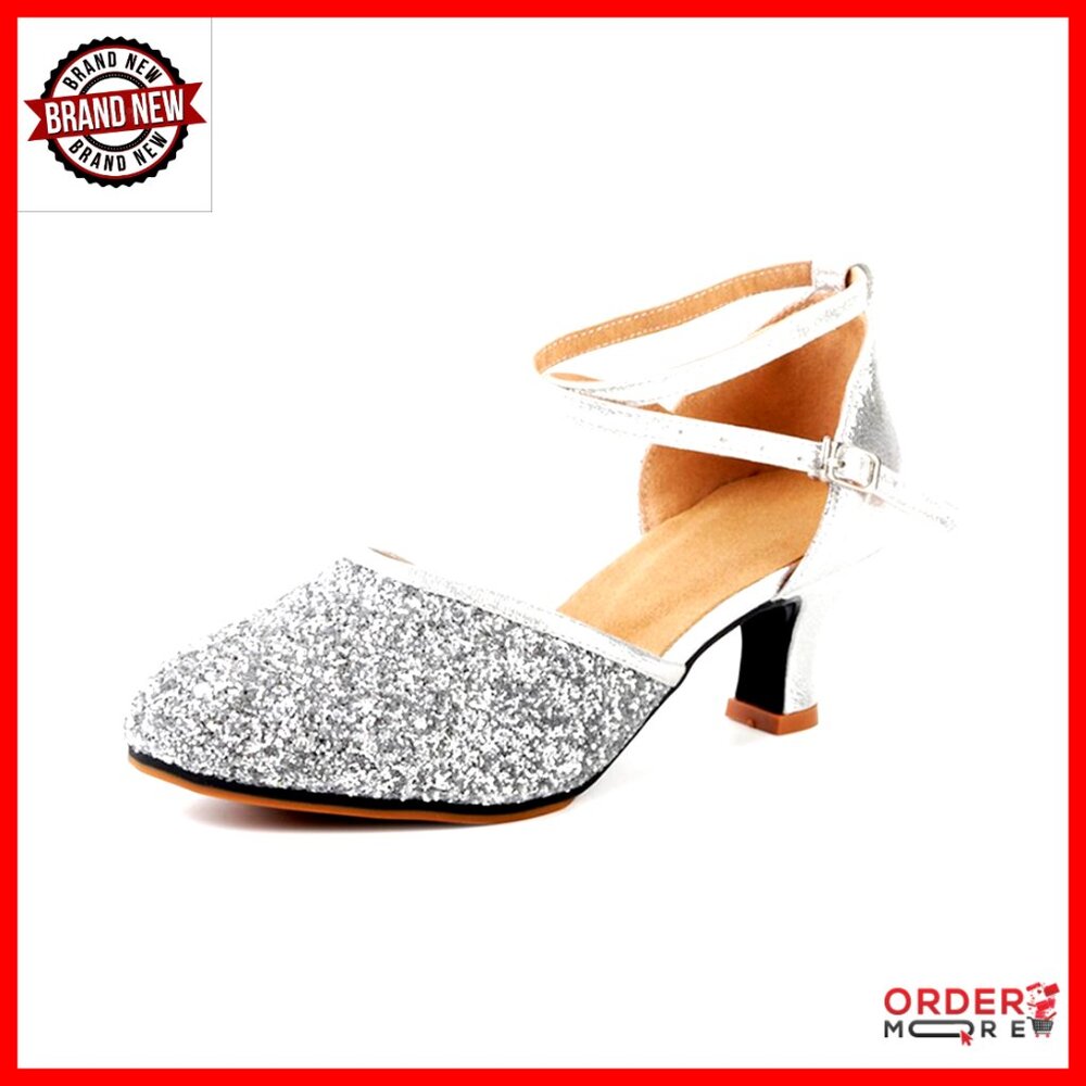 Sequined Leather Latin Dance Shoes Pointed Toe Kitten Heel Pumps